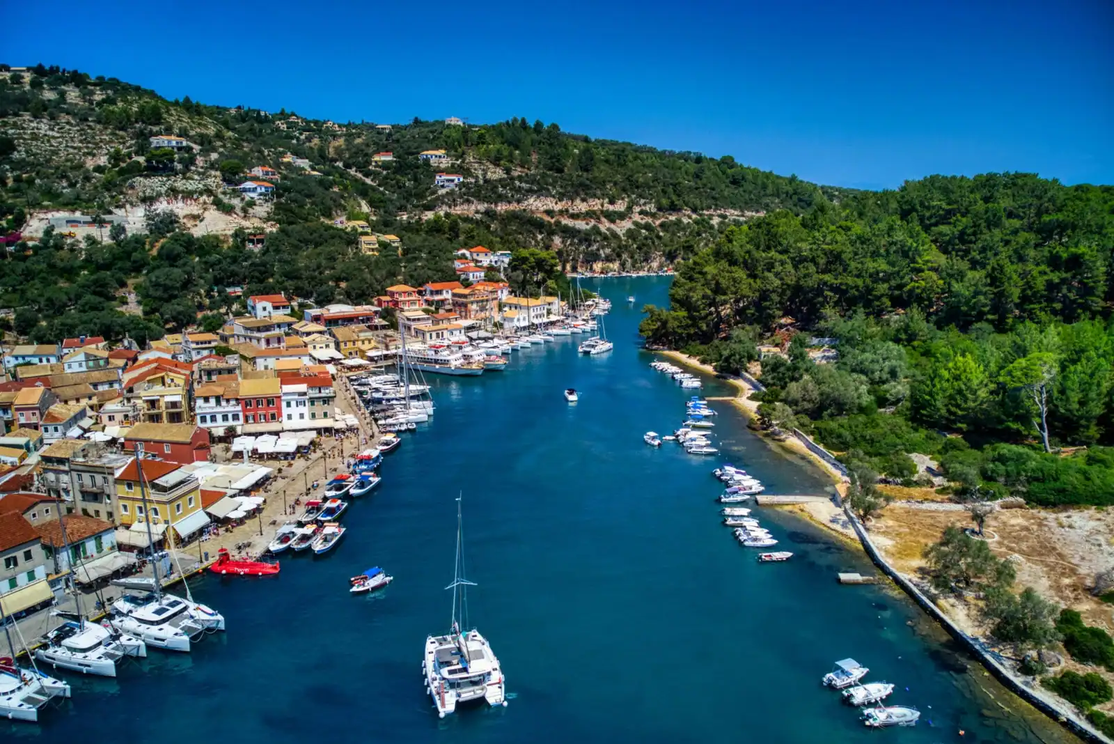 The waterfront at Gaios on Paxos, with buildings along the quay